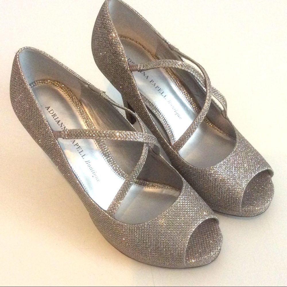 Adrianna Papell Boutique Silver Shimmer Glitter High Heels Peep Toe Strap Formal